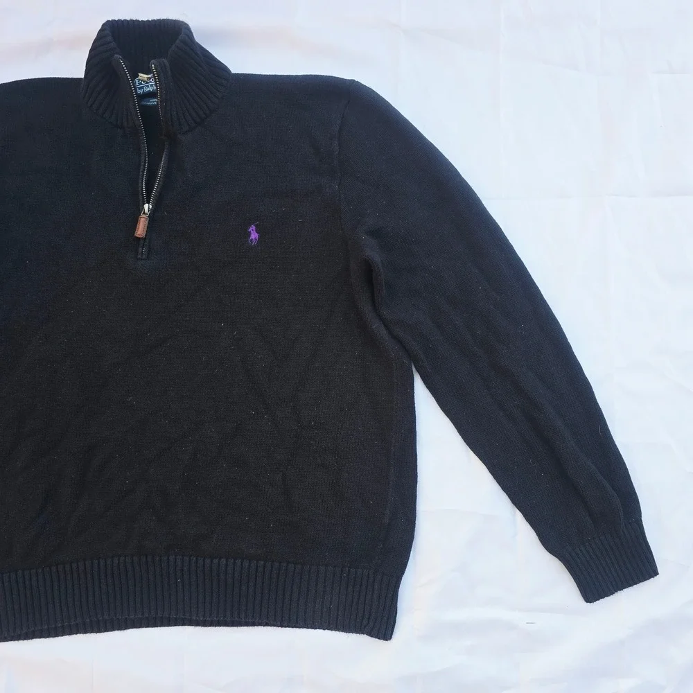 Polo Ralph Lauren Quarter Zip Sweater Mens XL Black Purple Cotton Pullover P23